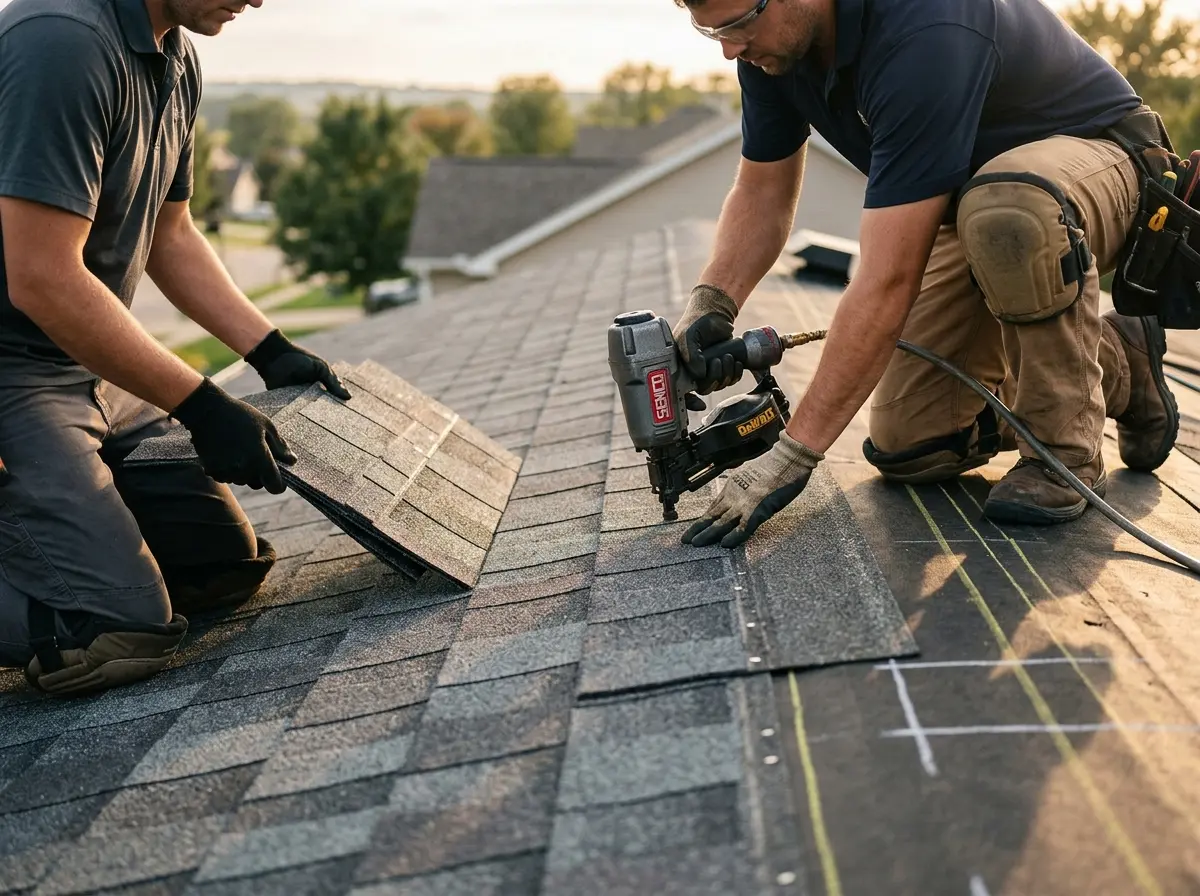 Professional roofer working on a residential roof in Ashburn